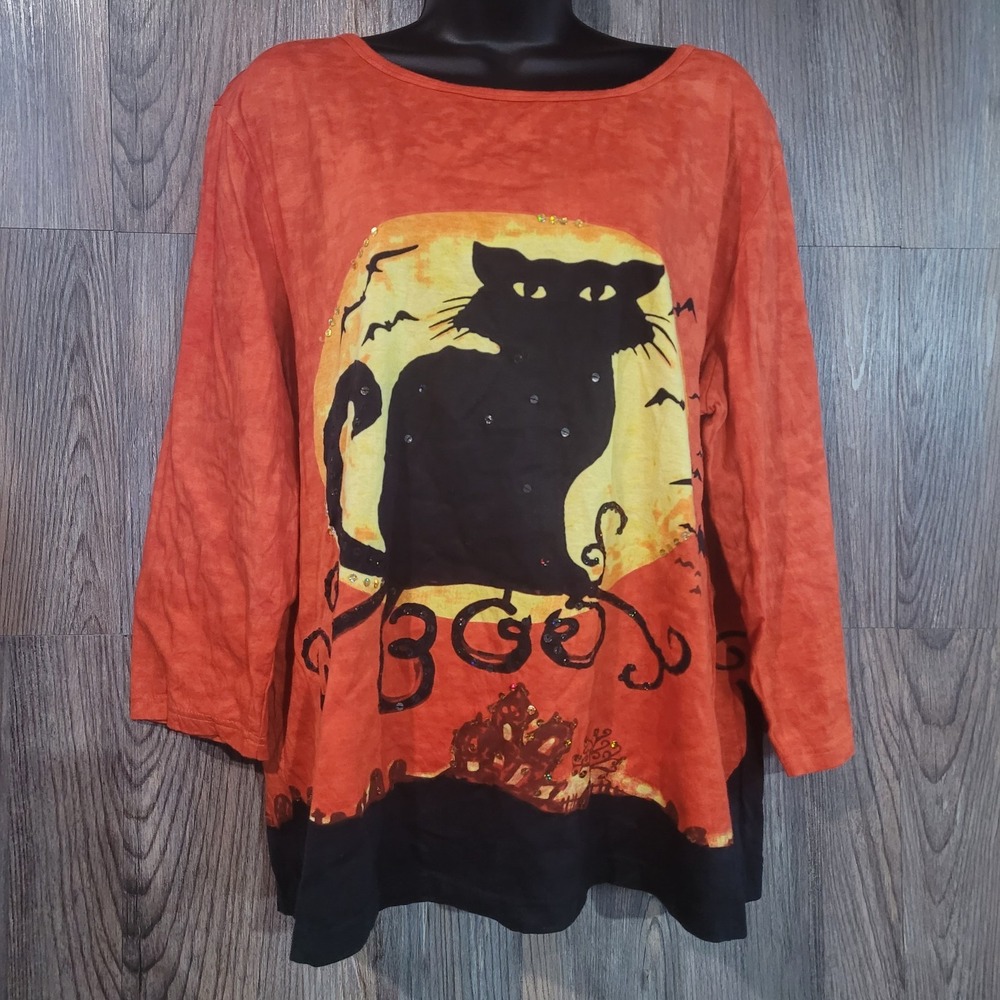 Black Cat Halloween Shirt XL Orange Sequin Moon Boo Bat Trick-or-Treat 3/4 Slv